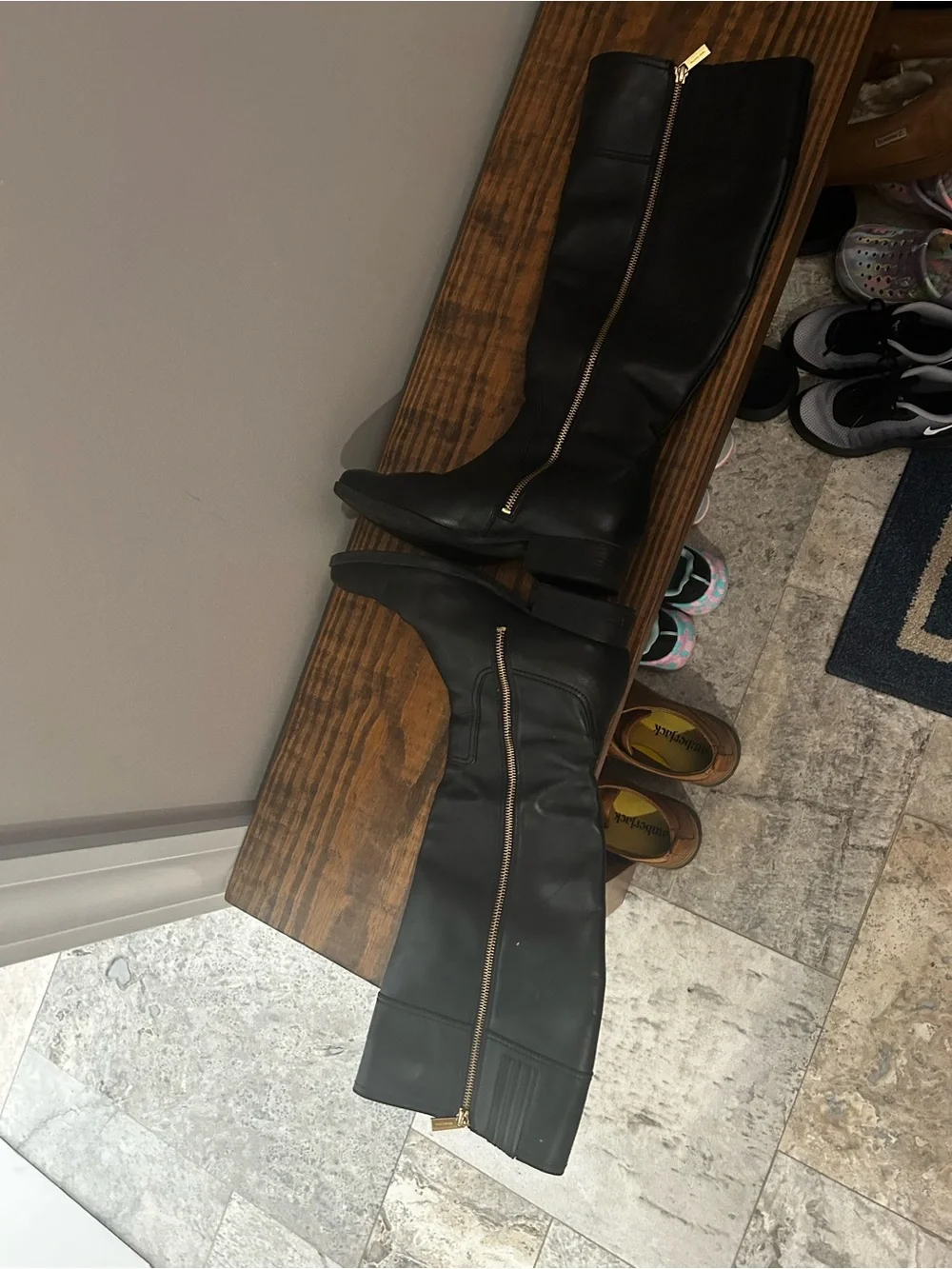 Title: Michael Kors Black Leather Knee High Riding Boots Gold MK Logo